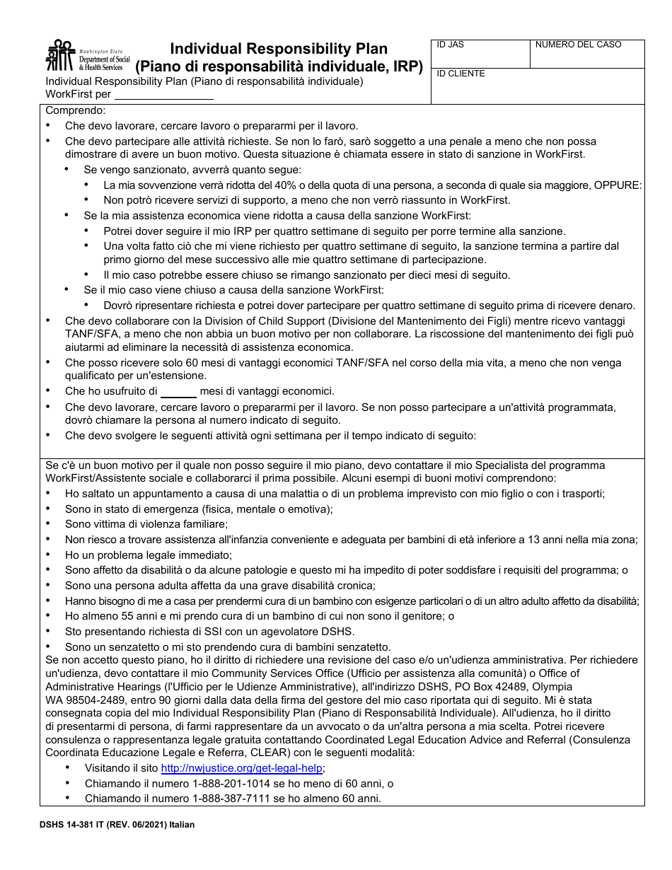 DSHS Form 14-381 Workfirst Individual Responsibility Plan - Washington (Italian), Page 1