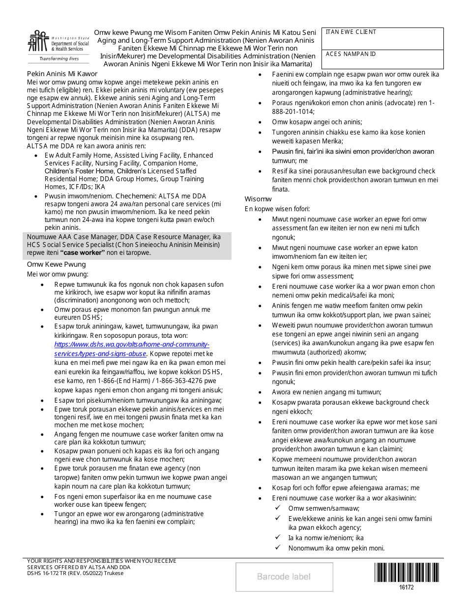 DSHS Form 16-172 Your Rights and Responsibilities When You Receive Services Offered by Aging and Disability Services Administration and Developmental Disabilities Administration - Washington (Trukese), Page 1