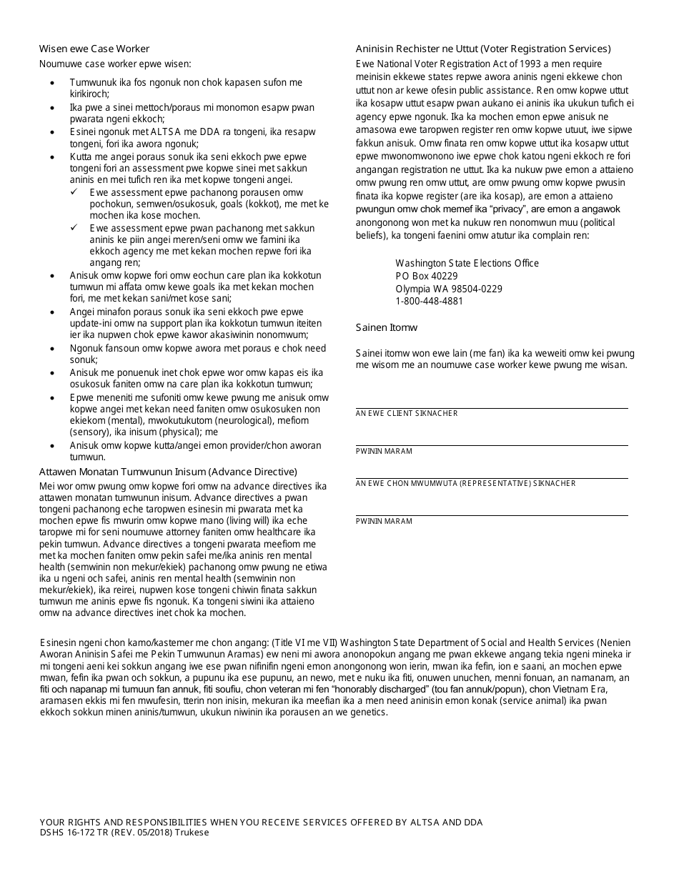 DSHS Form 16-172 Your Rights and Responsibilities When You Receive Services Offered by Aging and Disability Services Administration and Developmental Disabilities Administration - Washington (Trukese), Page 2