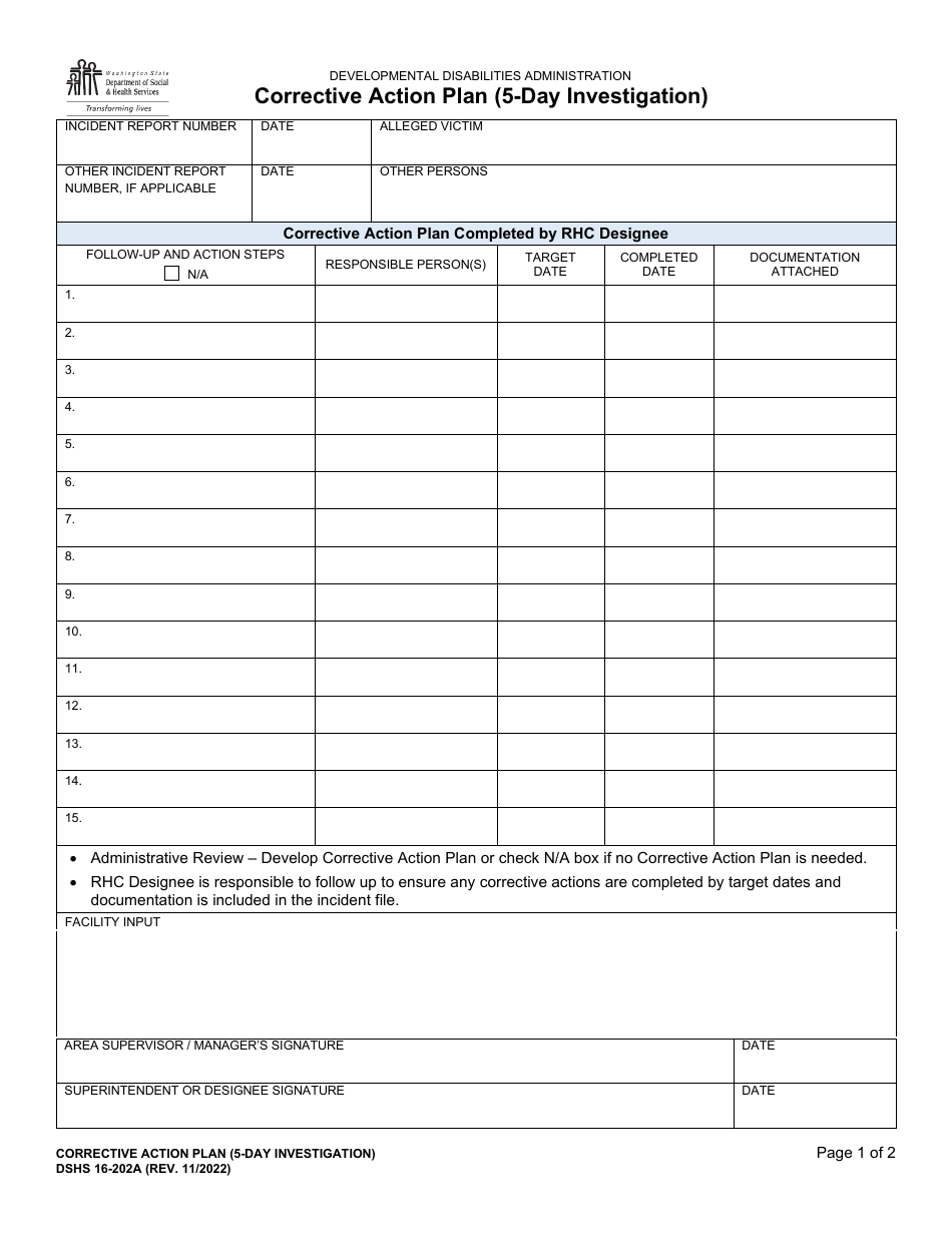 DSHS Form 16-202A Corrective Action Plan (5-day Investigation) - Washington, Page 1