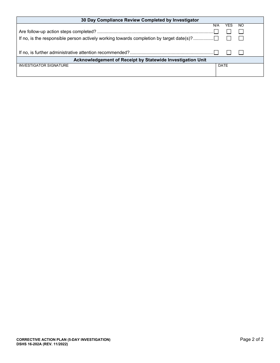 DSHS Form 16-202A Corrective Action Plan (5-day Investigation) - Washington, Page 2