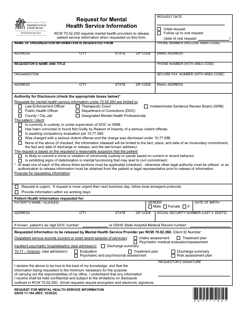 DSHS Form 17-194 Request for Mental Health Service Information - Washington