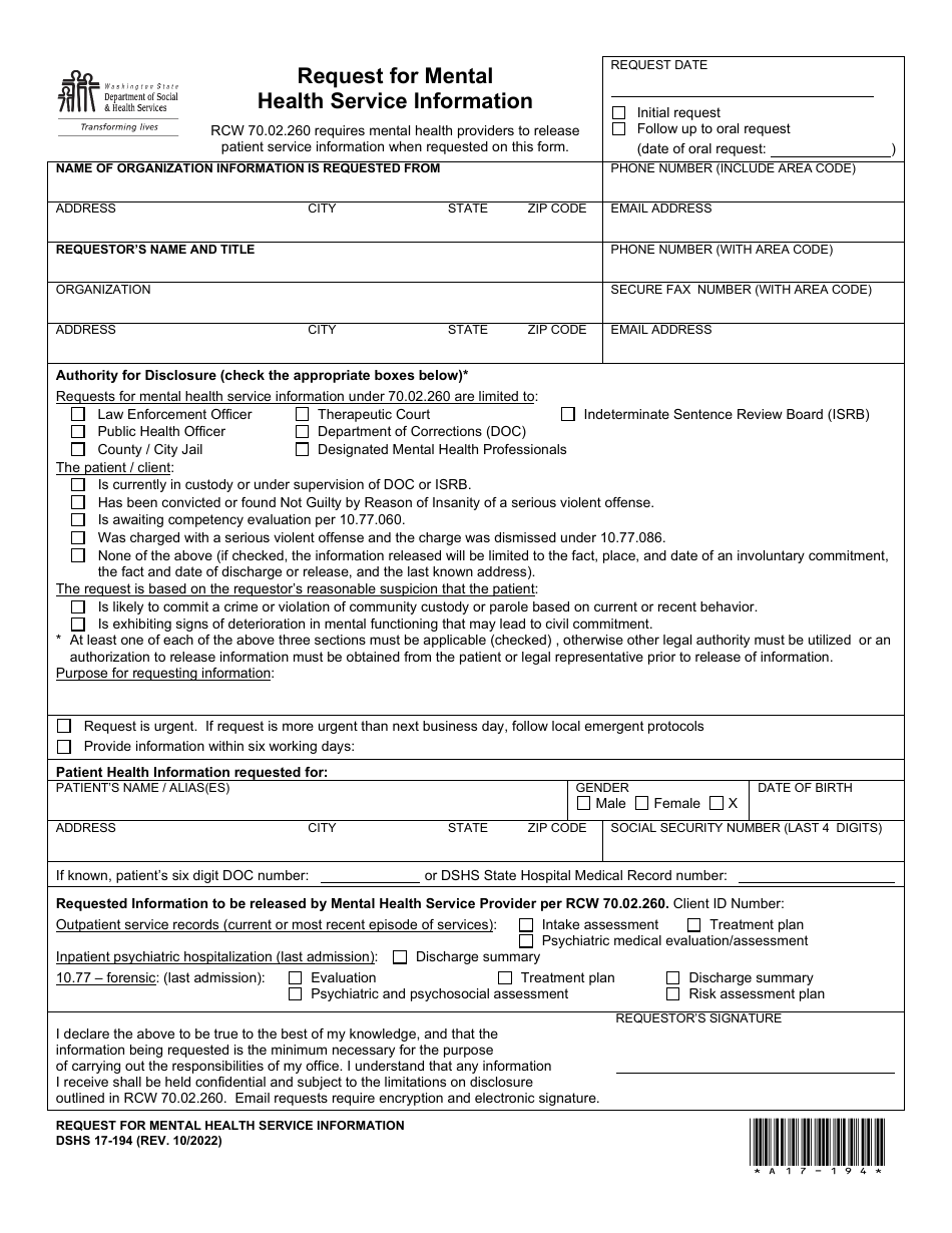 DSHS Form 17-194 Request for Mental Health Service Information - Washington, Page 1