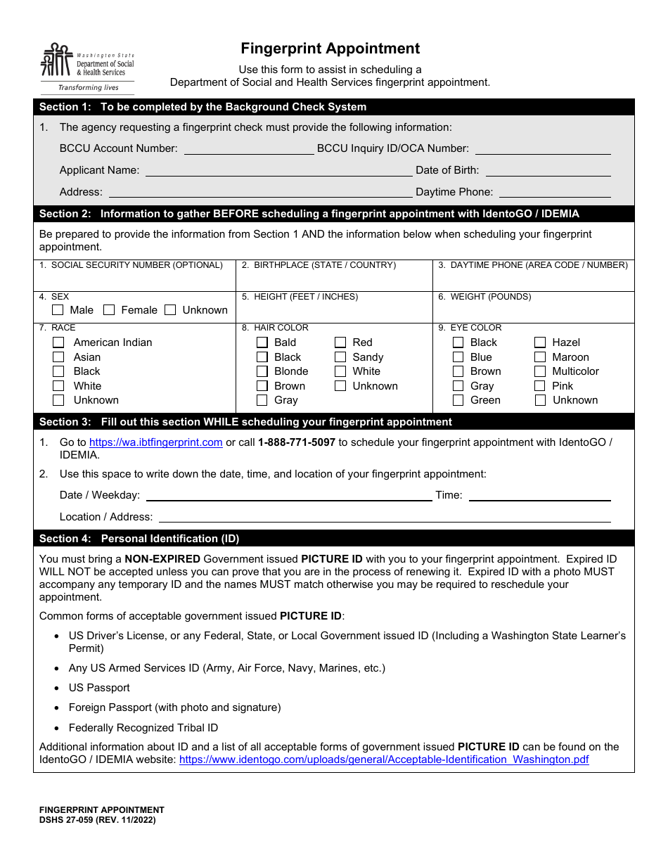 DSHS Form 27-059 Fingerprint Appointment - Washington, Page 1