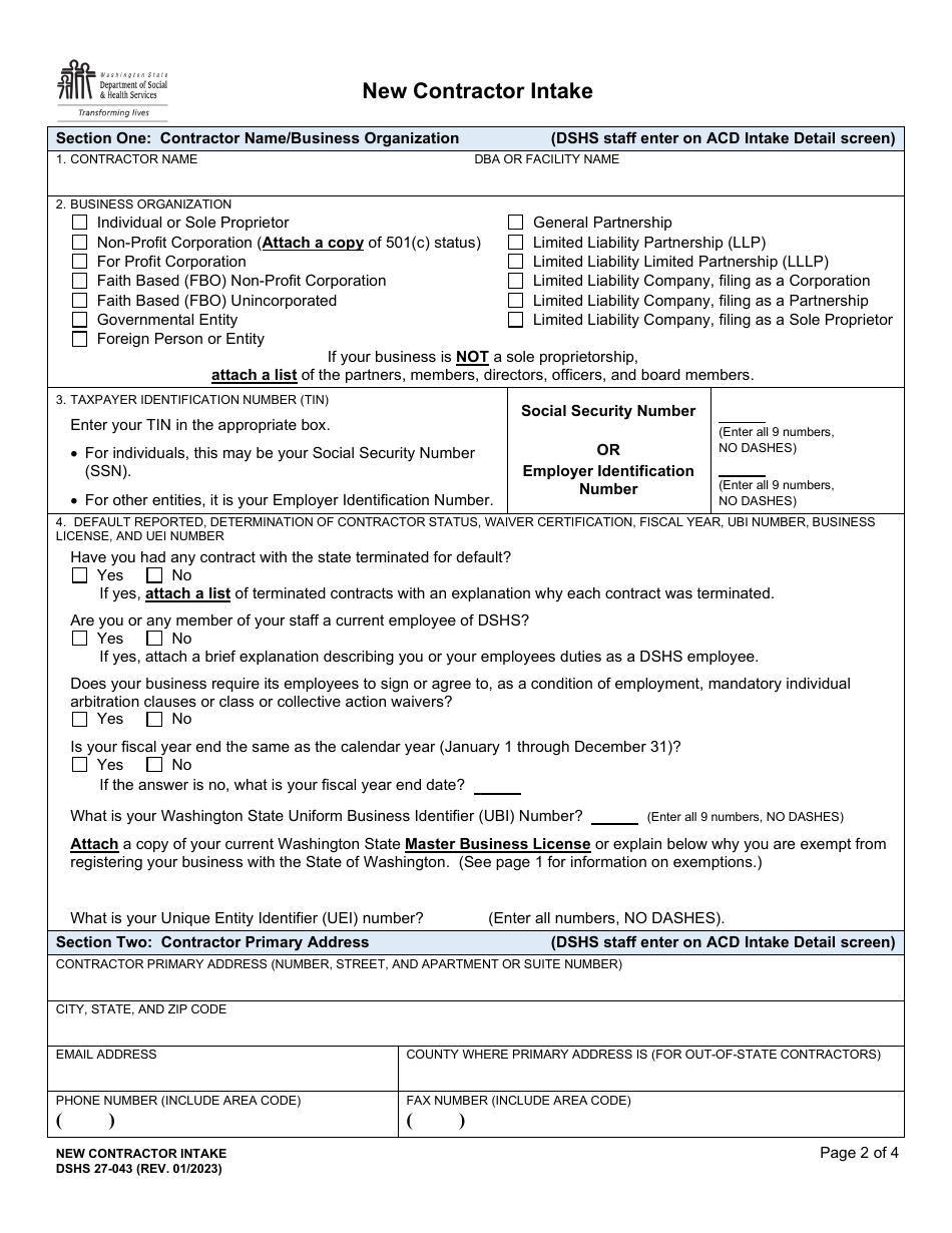 DSHS Form 27-043 New Contractor Intake - Washington, Page 2