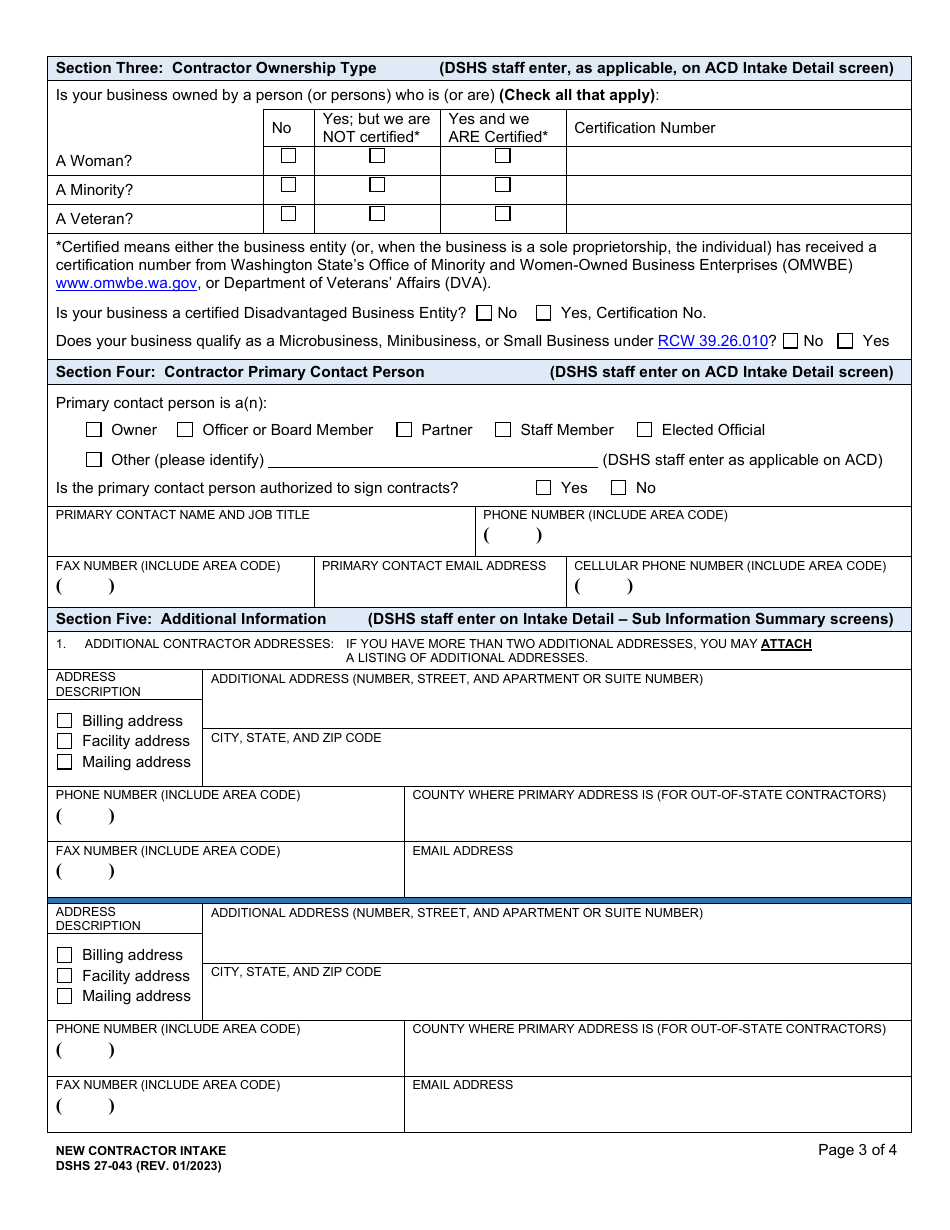 DSHS Form 27-043 New Contractor Intake - Washington, Page 3