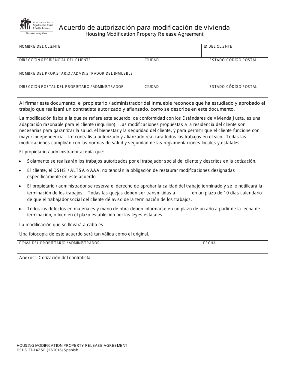 DSHS Formulario 27-147 Acuerdo De Autorizacion Para Modificacion De Vivienda - Washington (Spanish), Page 1