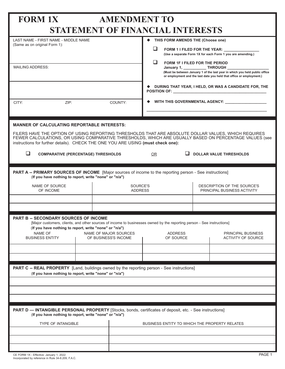 CE Form 1X Amendment to Statement of Financial Interests - Florida, Page 1