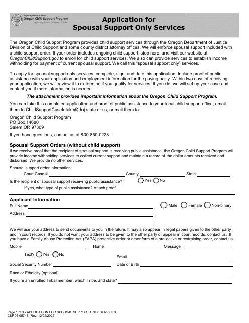 Form CSF03 0574S Application for Spousal Support Only Services - Oregon
