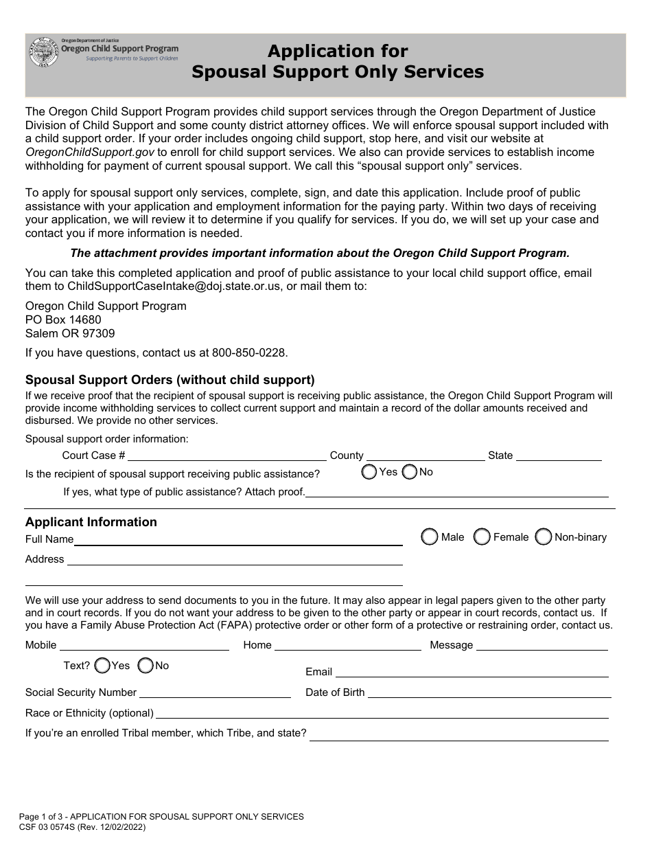 Form CSF03 0574S Application for Spousal Support Only Services - Oregon, Page 1