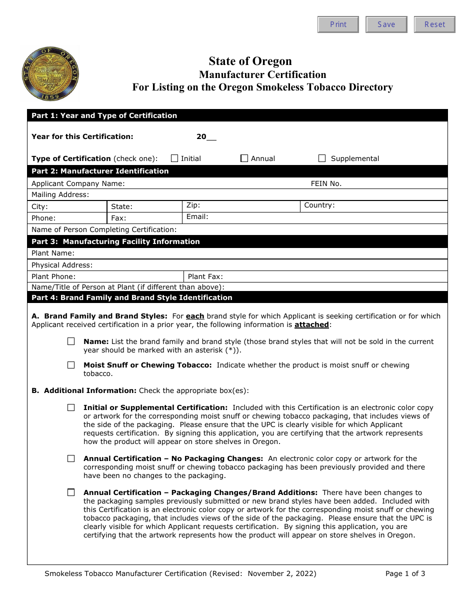 Manufacturer Certification for Listing on the Oregon Smokeless Tobacco Directory - Oregon, Page 1