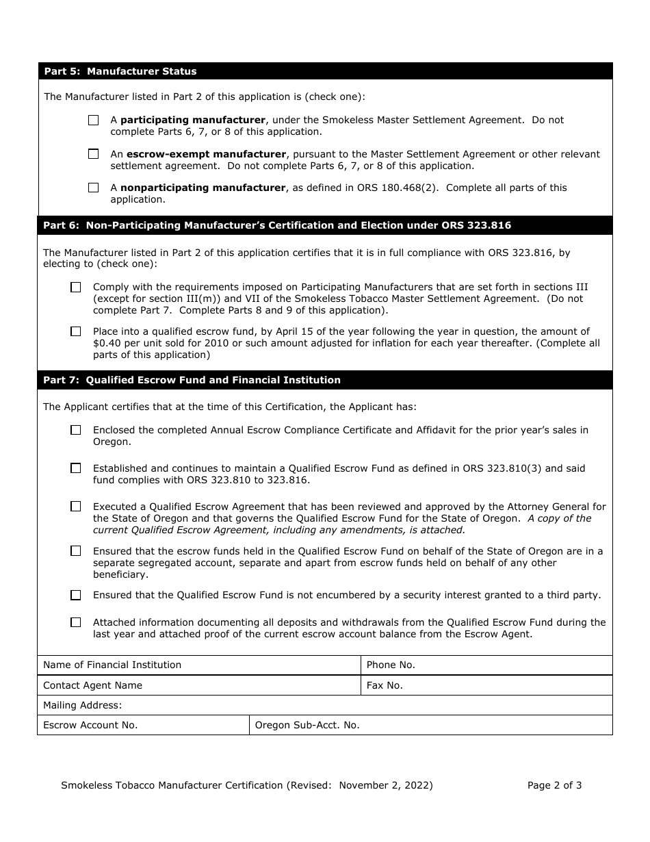 Manufacturer Certification for Listing on the Oregon Smokeless Tobacco Directory - Oregon, Page 2