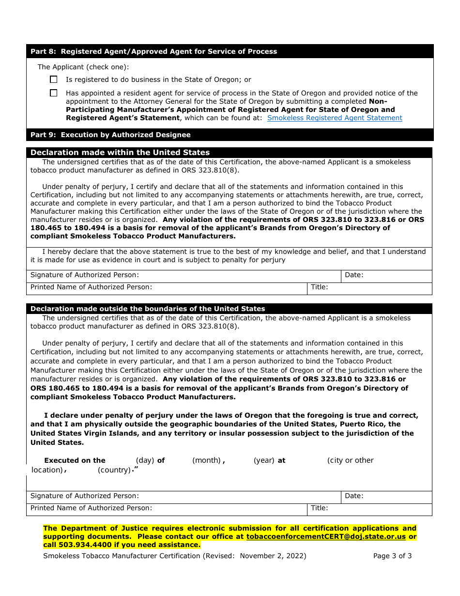 Manufacturer Certification for Listing on the Oregon Smokeless Tobacco Directory - Oregon, Page 3