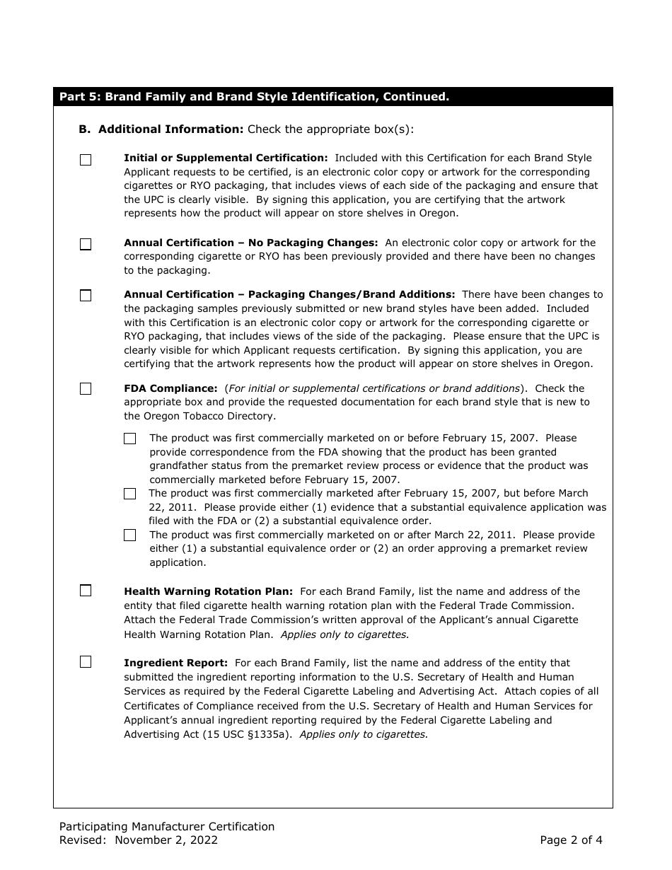 Participating Manufacturer Certification for Listing on the Oregon Tobacco Directory - Oregon, Page 2