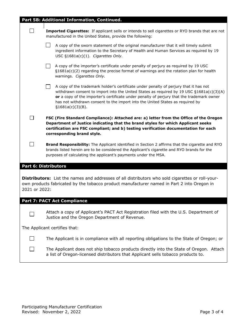 Participating Manufacturer Certification for Listing on the Oregon Tobacco Directory - Oregon, Page 3