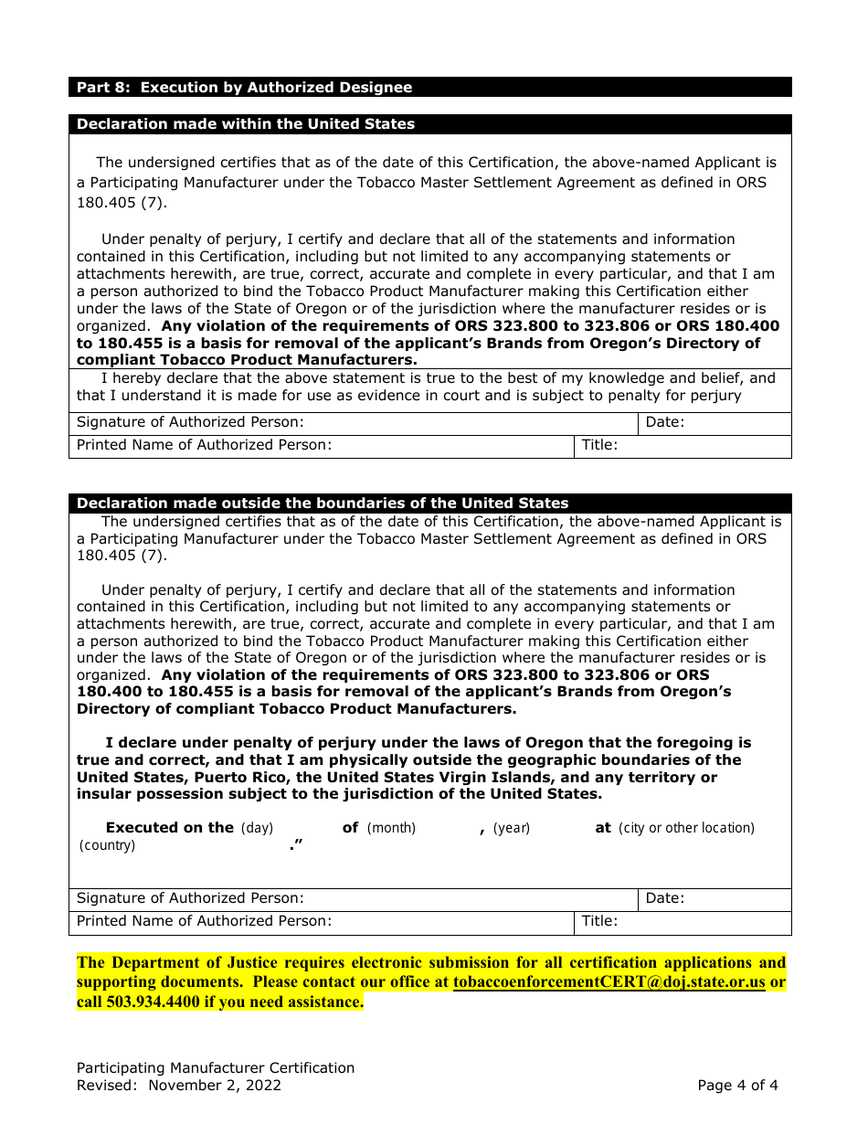 Participating Manufacturer Certification for Listing on the Oregon Tobacco Directory - Oregon, Page 4