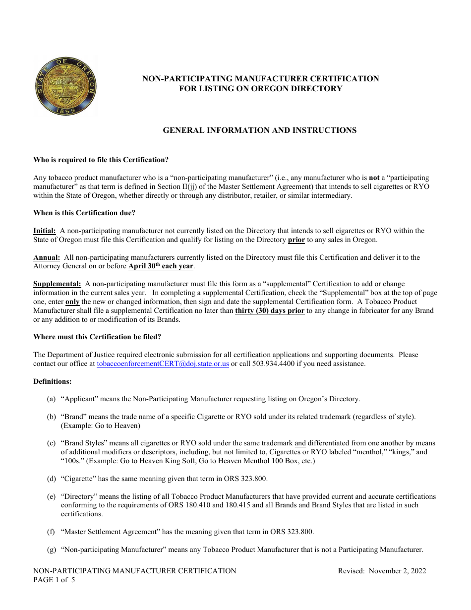 Instructions for Non-participating Manufacturer Certification for Listing on Oregon Directory - Oregon, Page 1