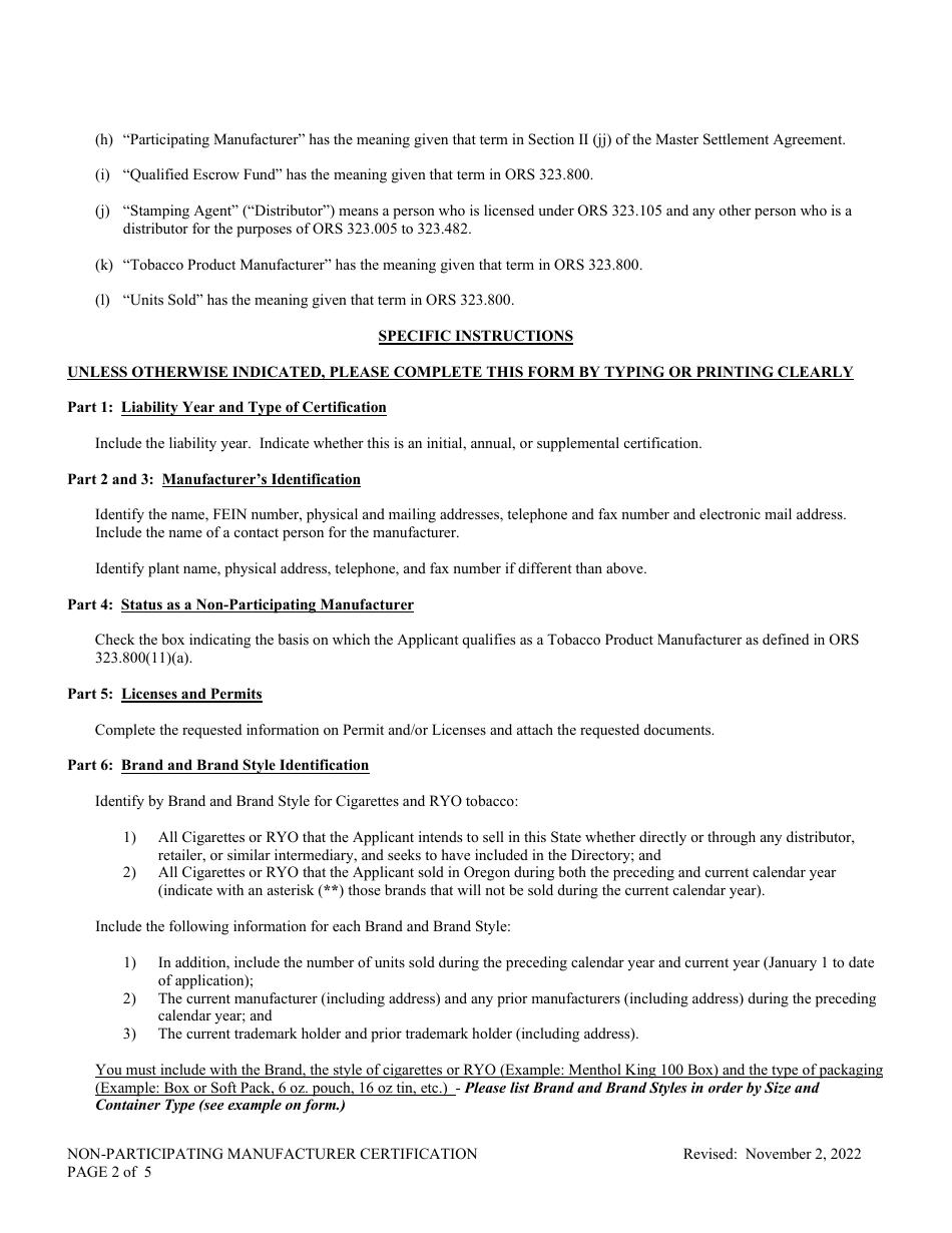 Instructions for Non-participating Manufacturer Certification for Listing on Oregon Directory - Oregon, Page 2