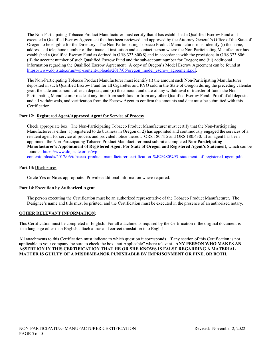 Instructions for Non-participating Manufacturer Certification for Listing on Oregon Directory - Oregon, Page 5