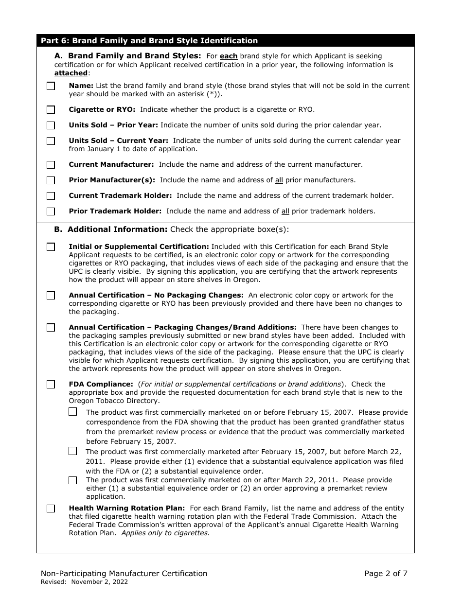 Non-participating Manufacturer Certification for Listing on the Oregon Tobacco Directory - Oregon, Page 2