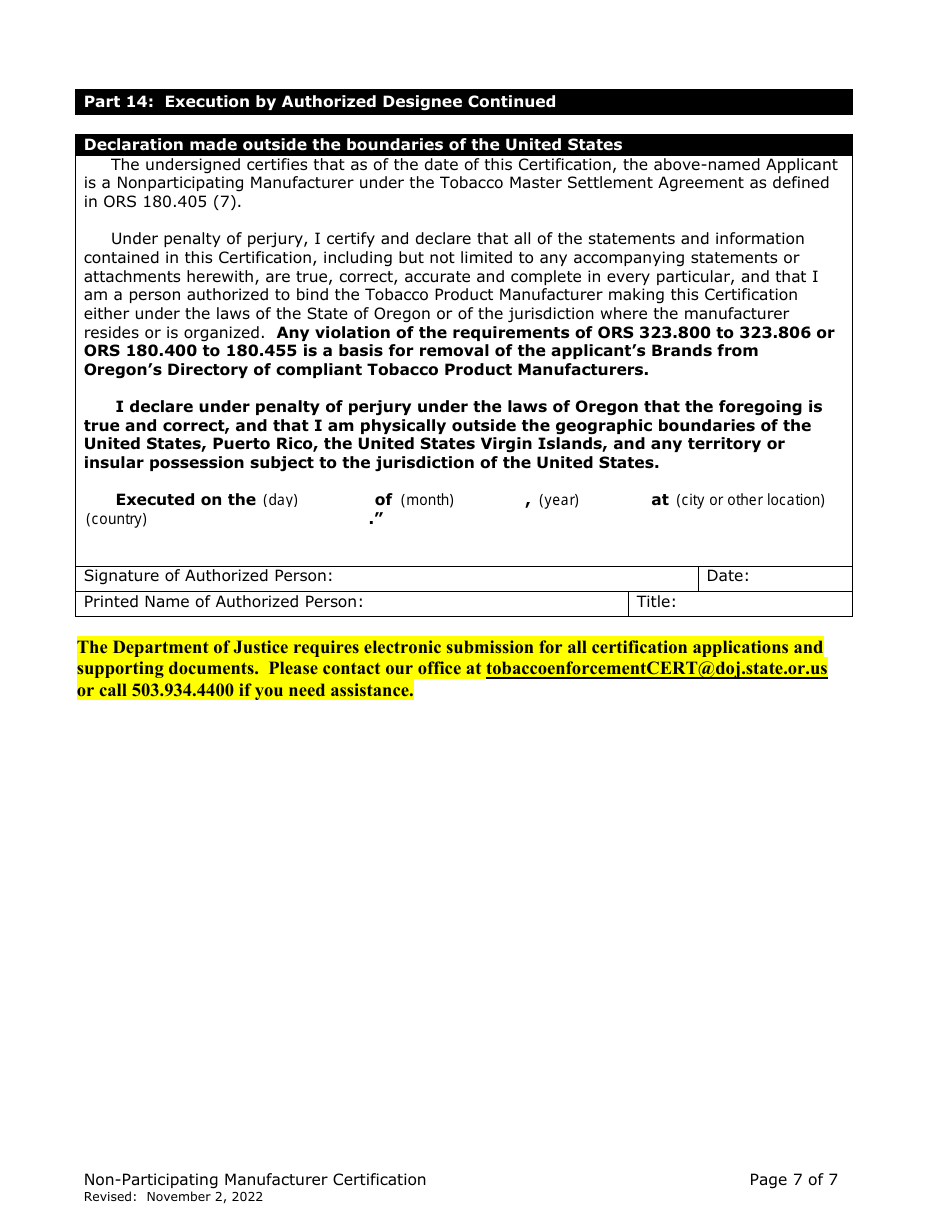 Non-participating Manufacturer Certification for Listing on the Oregon Tobacco Directory - Oregon, Page 7