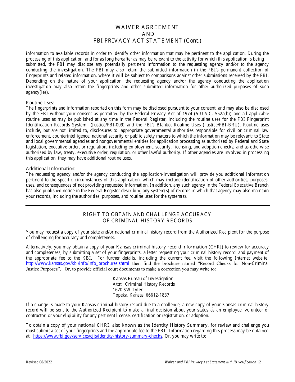 Waiver Agreement and Fbi Privacy Act Statement - Kansas, Page 3