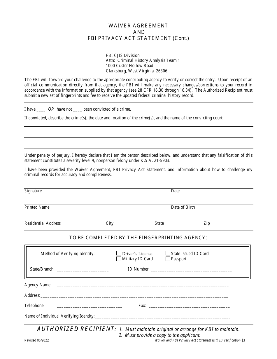 Waiver Agreement and Fbi Privacy Act Statement - Kansas, Page 4