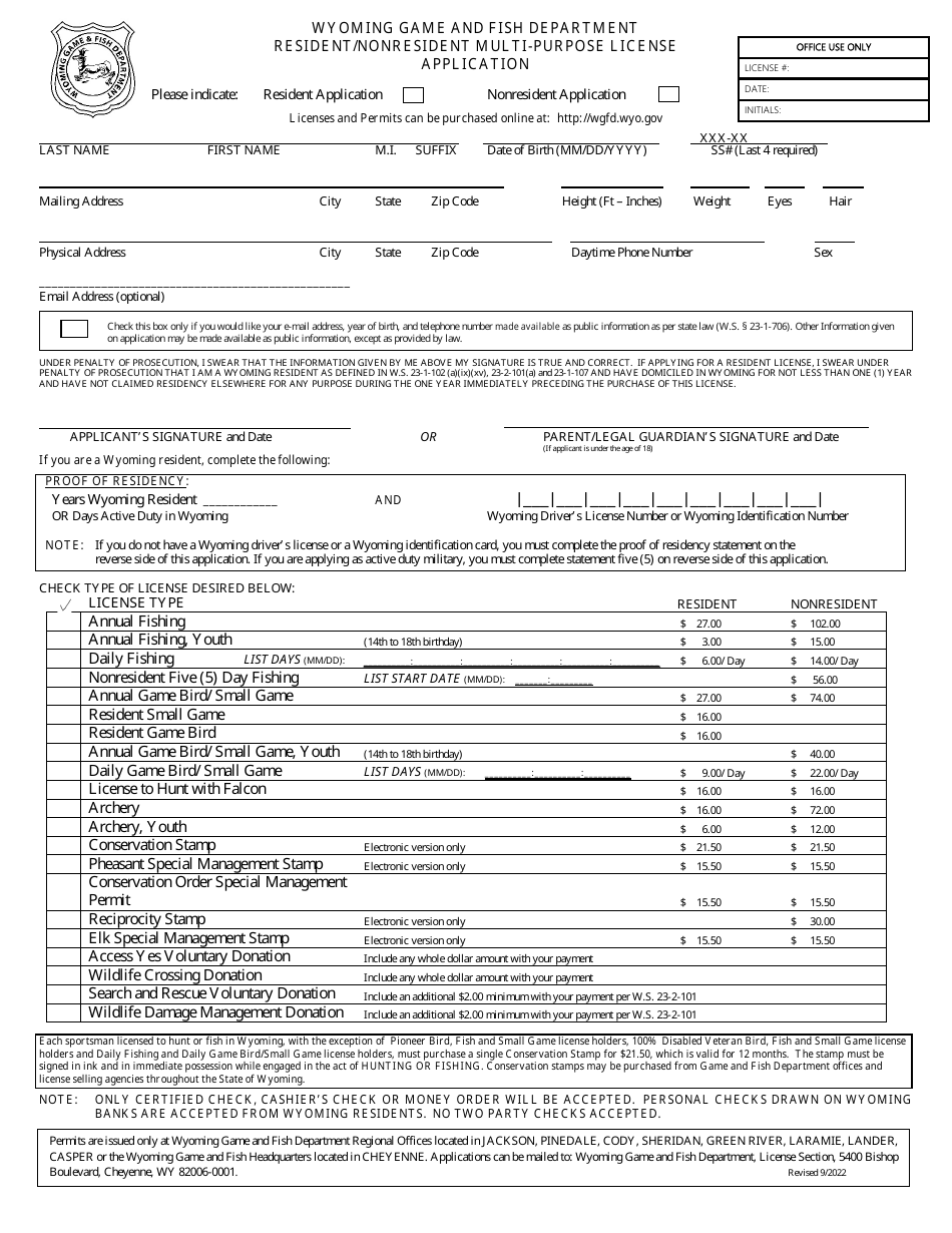 Resident / Nonresident Multi-Purpose License Application - Wyoming, Page 1