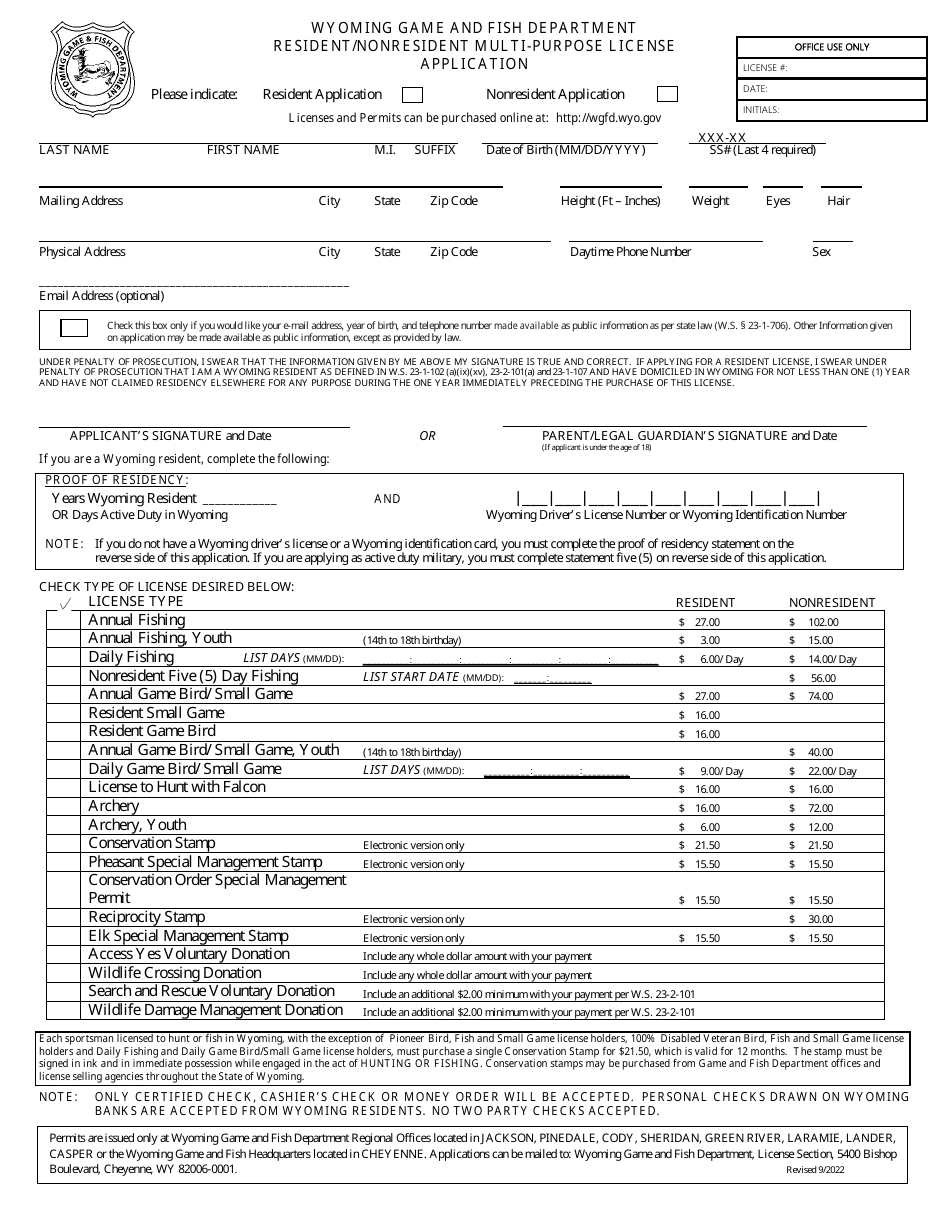 Wyoming Resident/Nonresident Multi-Purpose License Application Download ...