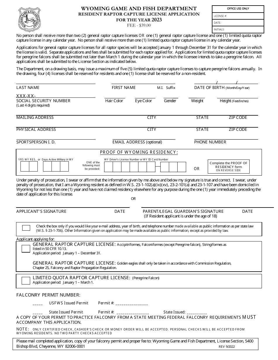 Resident Raptor Capture License Application - Wyoming, Page 1