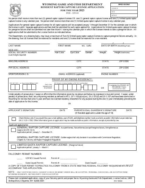 Resident Raptor Capture License Application - Wyoming Download Pdf