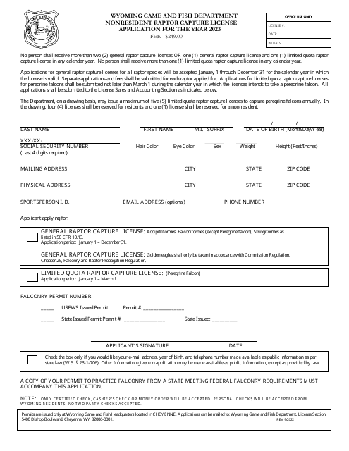 Nonresident Raptor Capture License Application - Wyoming, 2023