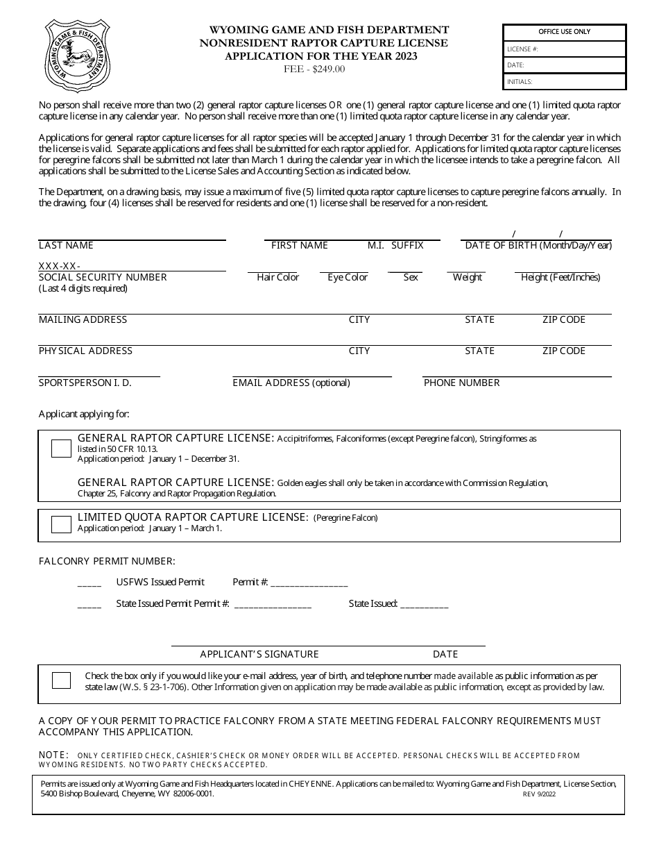 2023 Wyoming Nonresident Raptor Capture License Application - Fill Out ...