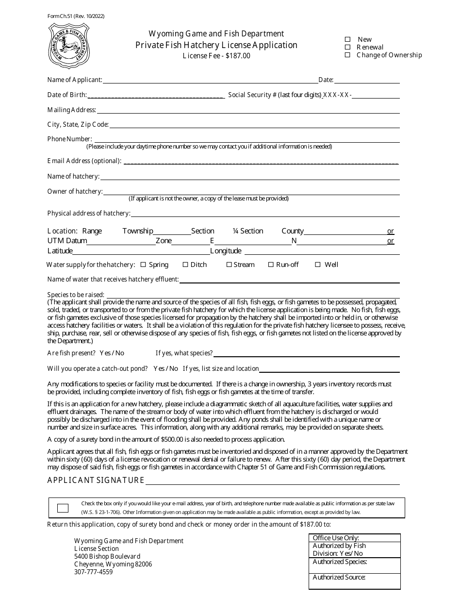 Private Fish Hatchery License Application - Wyoming, Page 1