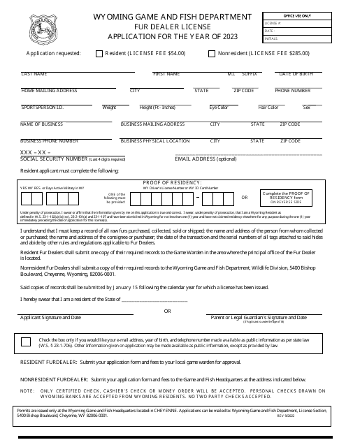 Fur Dealer License Application - Wyoming, 2023