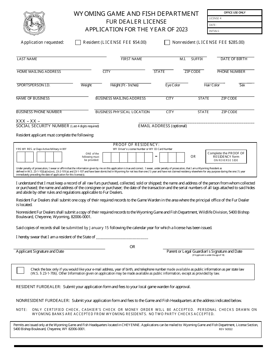 Fur Dealer License Application - Wyoming, Page 1