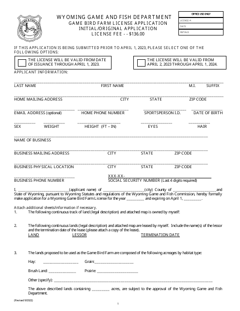 Game Bird Farm License Application Initial/Original Application - Wyoming, 2023