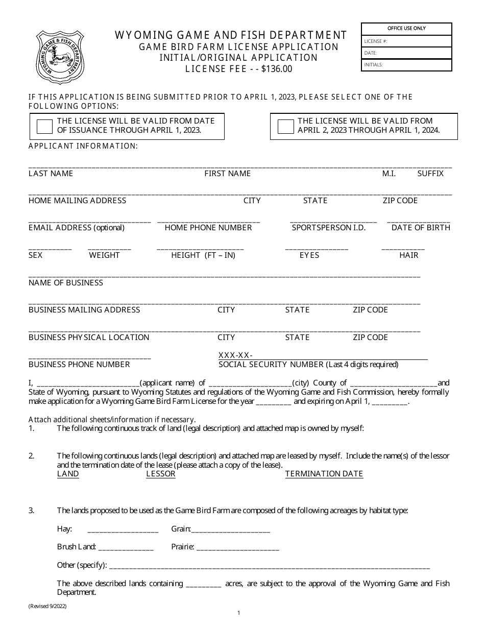 Game Bird Farm License Application Initial / Original Application - Wyoming, Page 1