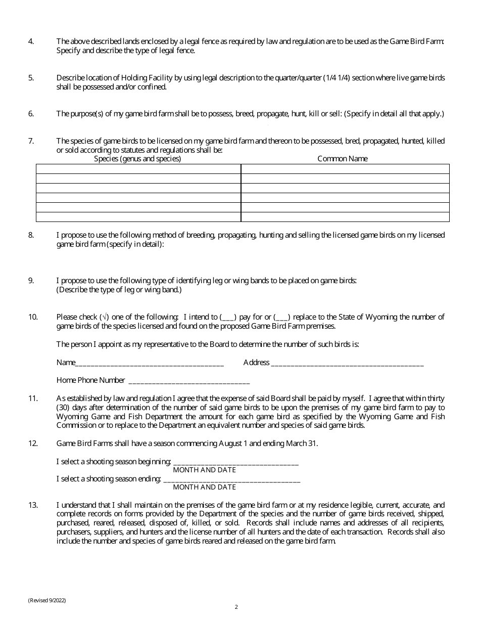 Game Bird Farm License Application Initial / Original Application - Wyoming, Page 2