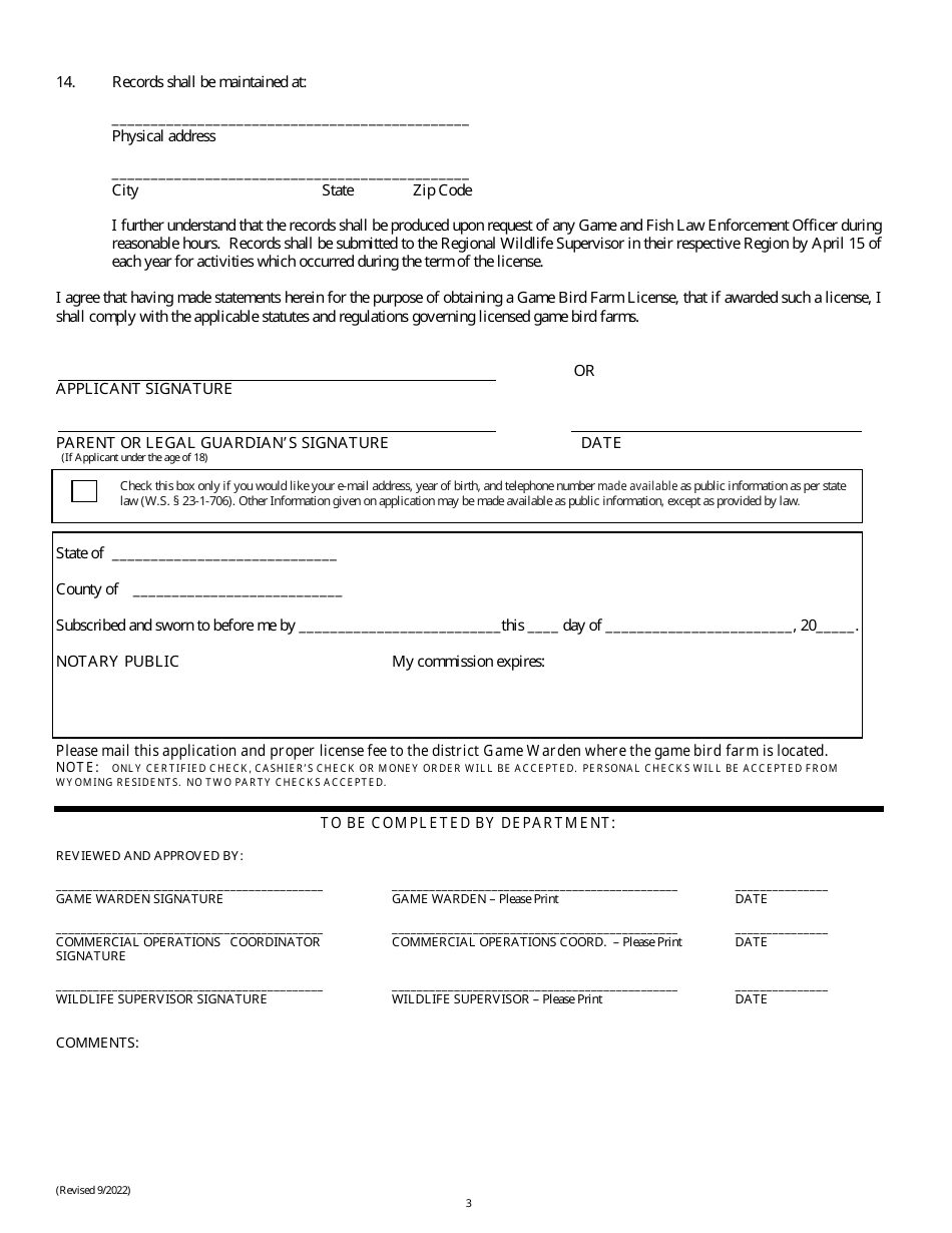 Game Bird Farm License Application Initial / Original Application - Wyoming, Page 3