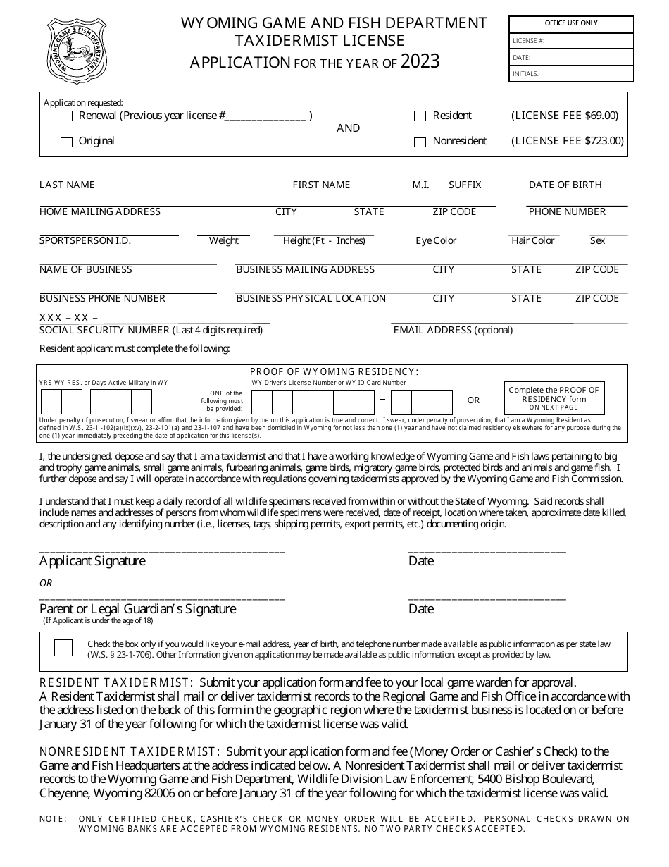 Taxidermist License Application - Wyoming, Page 1