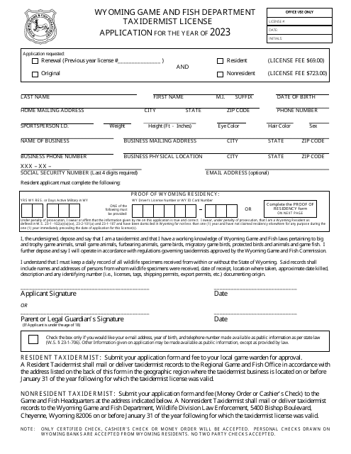 Taxidermist License Application - Wyoming, 2023
