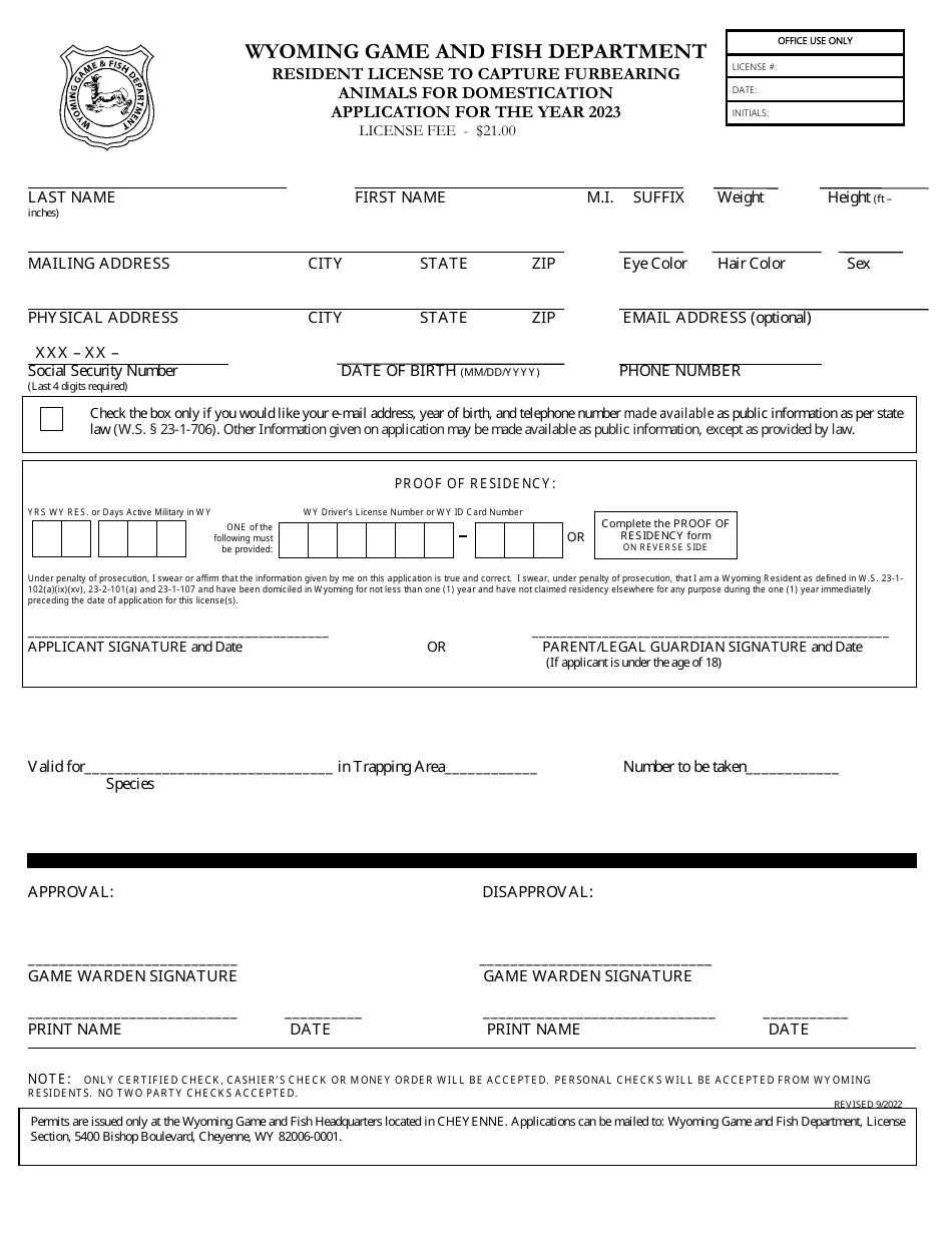 2023 Wyoming Resident License To Capture Furbearing Animals For   Resident License To Capture Furbearing Animals For Domestication Application Wyoming Print Big 