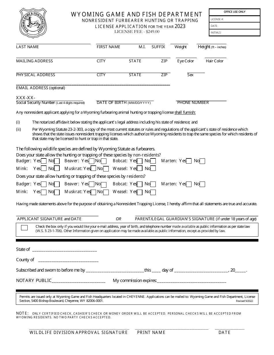2023 Wyoming Nonresident Furbearer Hunting or Trapping License