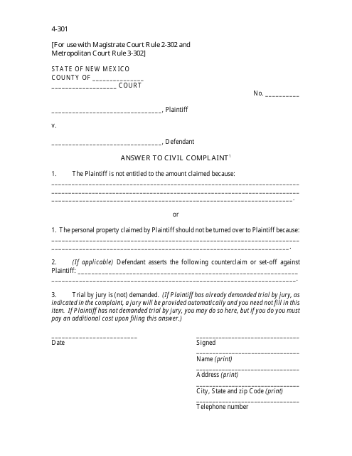 Form 4-301 Answer to Civil Complaint - New Mexico