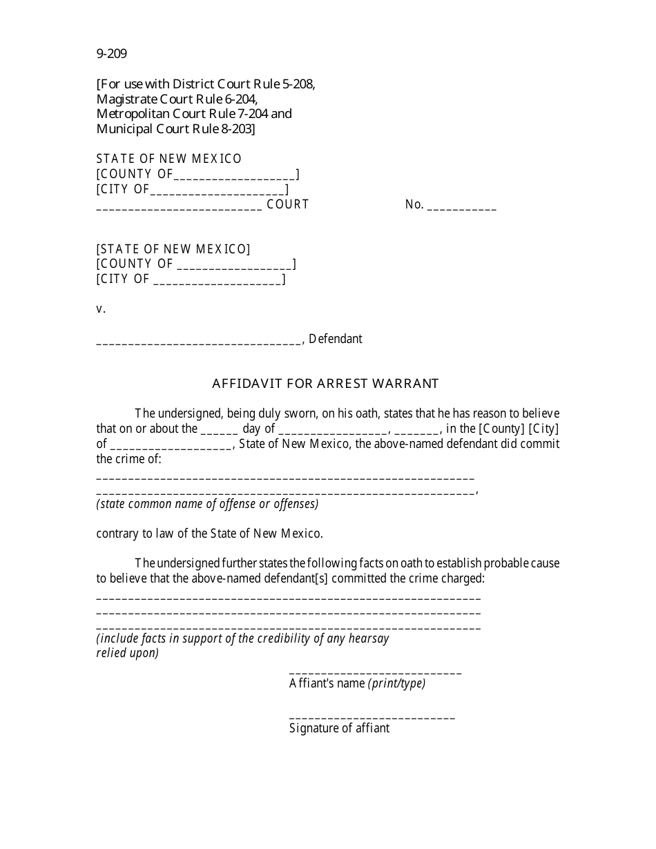 Form 9-209 Affidavit for Arrest Warrant - New Mexico, Page 1