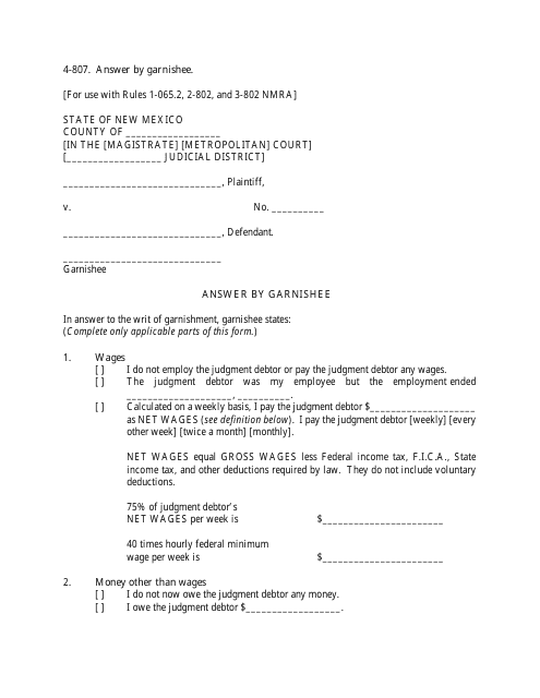 Form 4-807 Answer by Garnishee - New Mexico