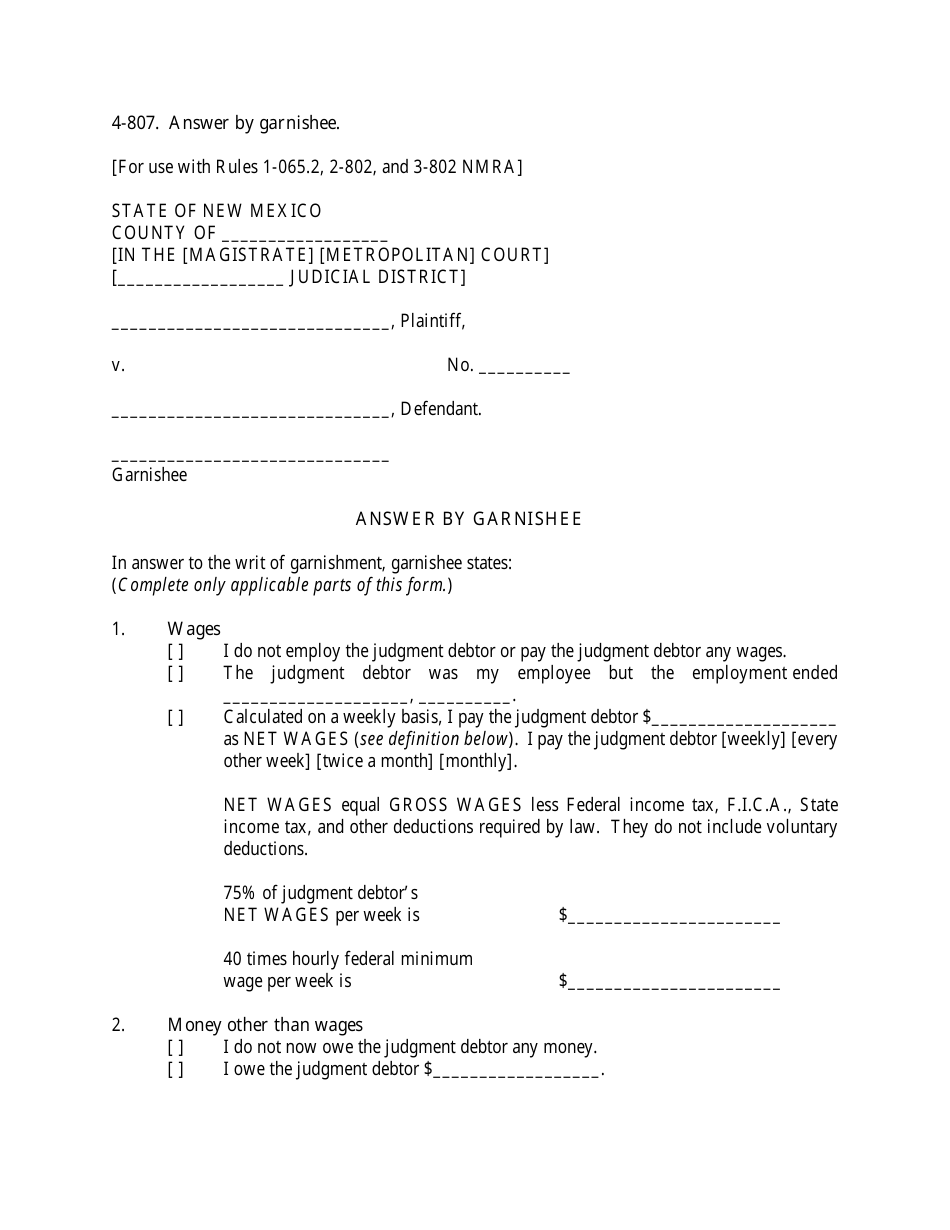 Form 4-807 Answer by Garnishee - New Mexico, Page 1