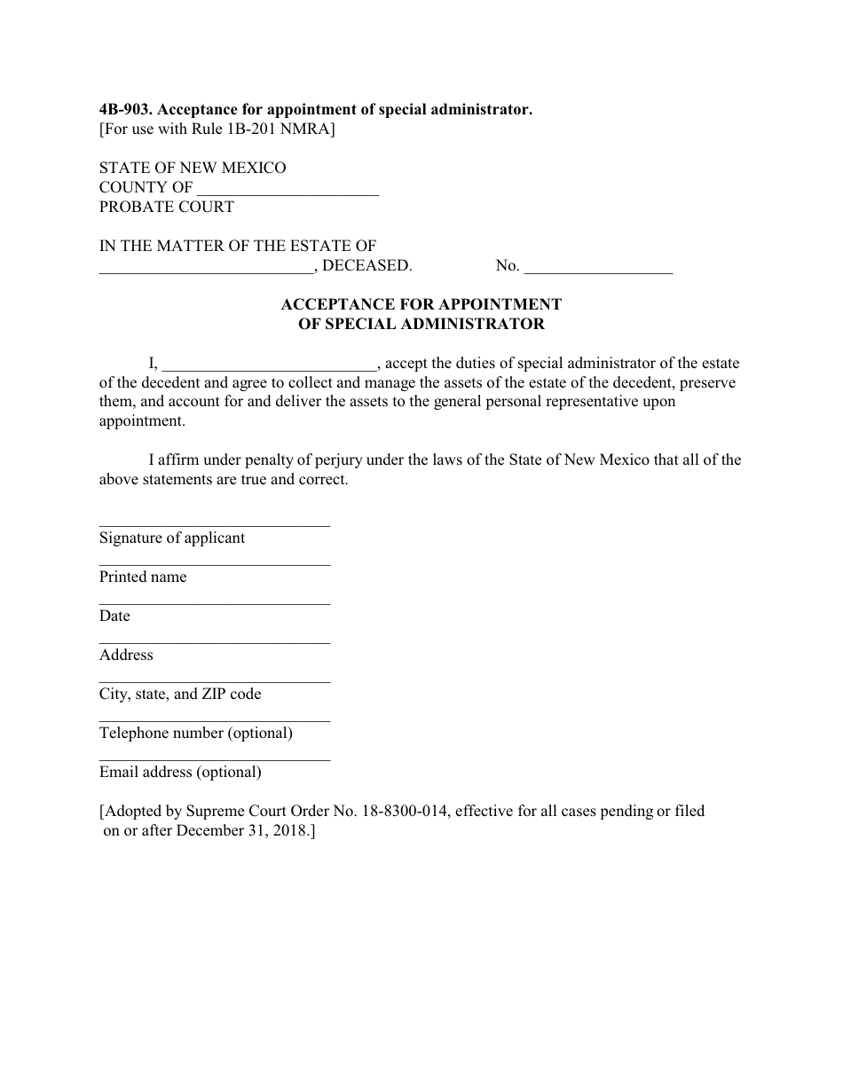 Form 4B-903 Acceptance for Appointment of Special Administrator - New Mexico, Page 1