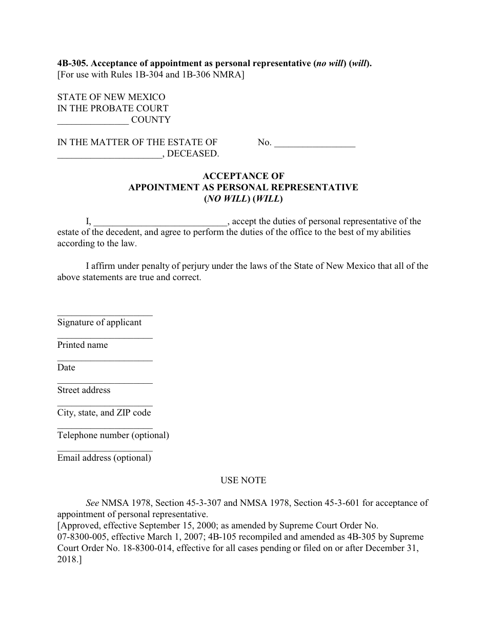 Form 4B-305 Acceptance of Appointment as Personal Representative (No Will) (Will) - New Mexico, Page 1